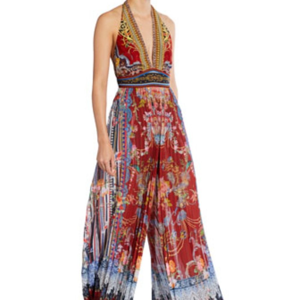 Camilla printed jumpsuit with crystal embellishments. Plunging halter neckline.